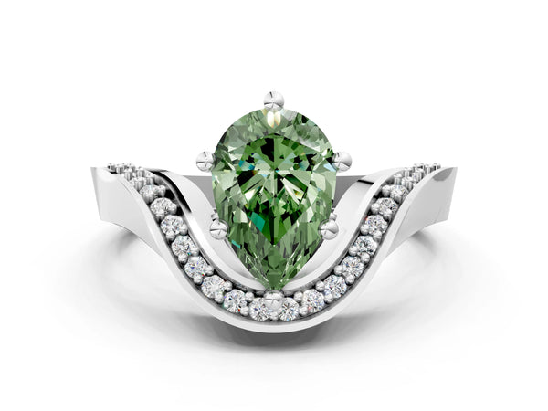 Platinum Fancy Green Pear  Solitaire Diamond Engagement Ring with Pave Band and Four-Prong Setting