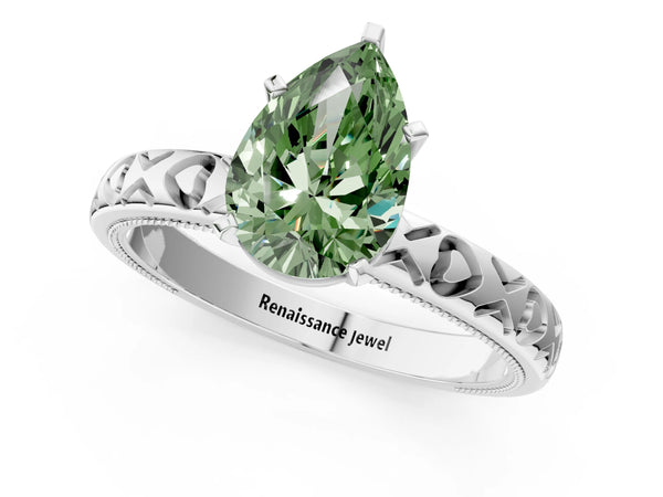 Platinum Fancy Green Pear  Solitaire Diamond Engagement Ring with XO Engraved Band and Four-Prong Setting