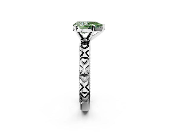 Platinum Fancy Green Pear  Solitaire Diamond Engagement Ring with XO Engraved Band and Four-Prong Setting