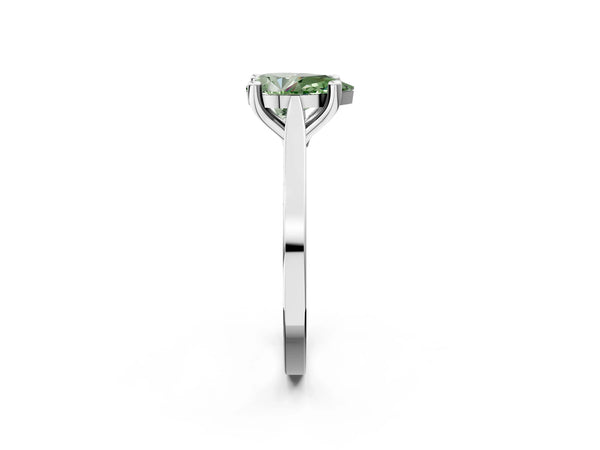 Platinum Fancy Green Pear  Solitaire Diamond Ring with Four-Prong Setting and Tapered Band