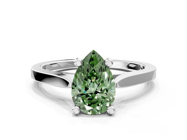 Platinum Fancy Green Pear  Solitaire Diamond Ring with Four-Prong Setting and Tapered Band