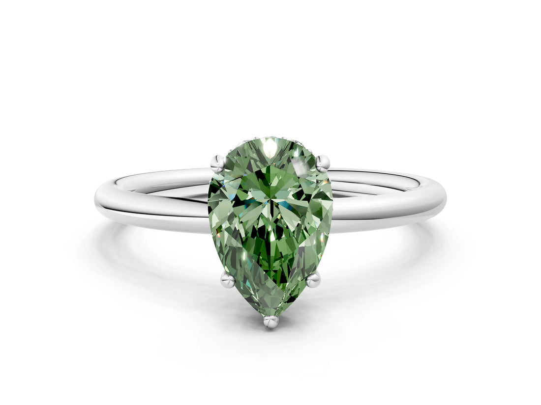 Platinum Fancy Green Pear  Solitaire Diamond Ring with a Classic Band and Four-Prong Setting