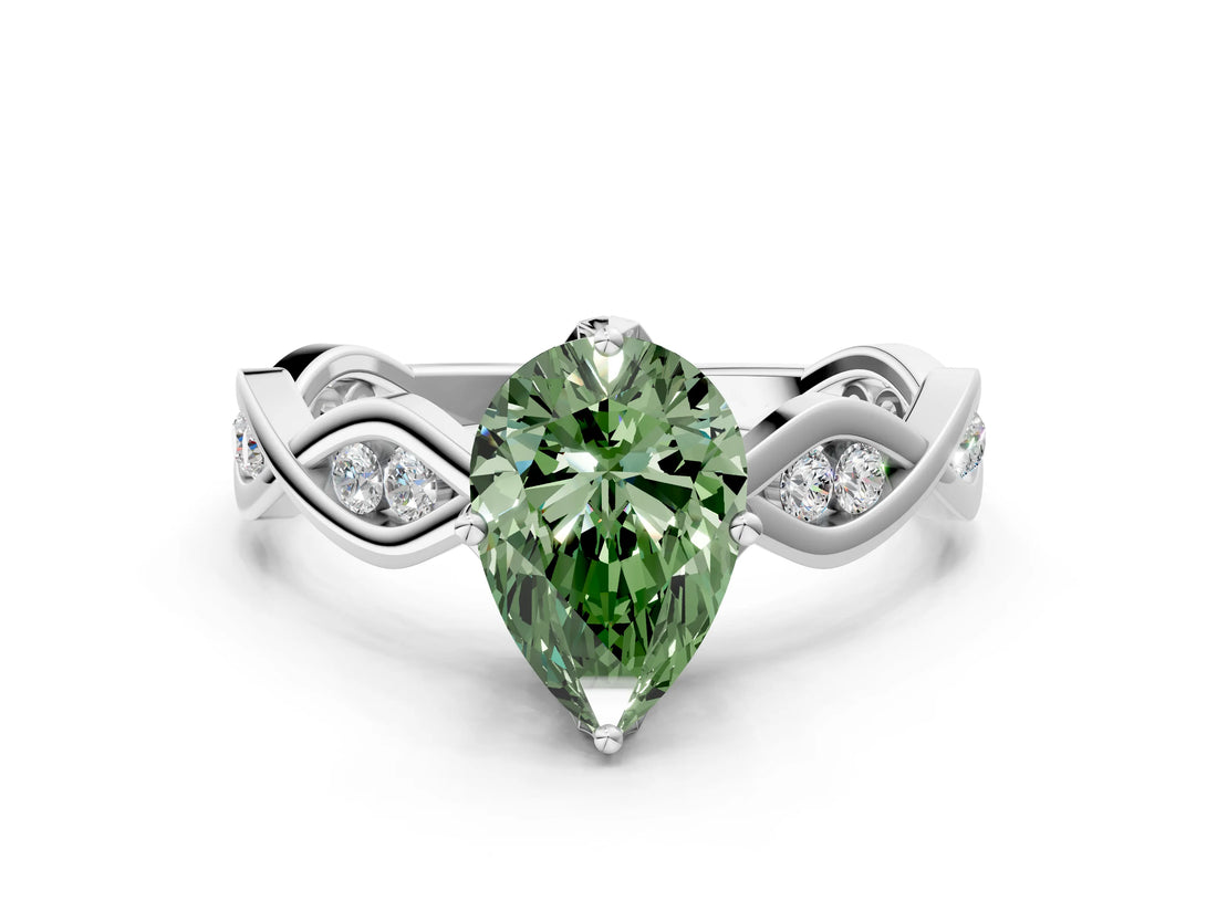 Platinum Fancy Green Pear  Solitaire Twist Band with Leaf Prong Setting 1