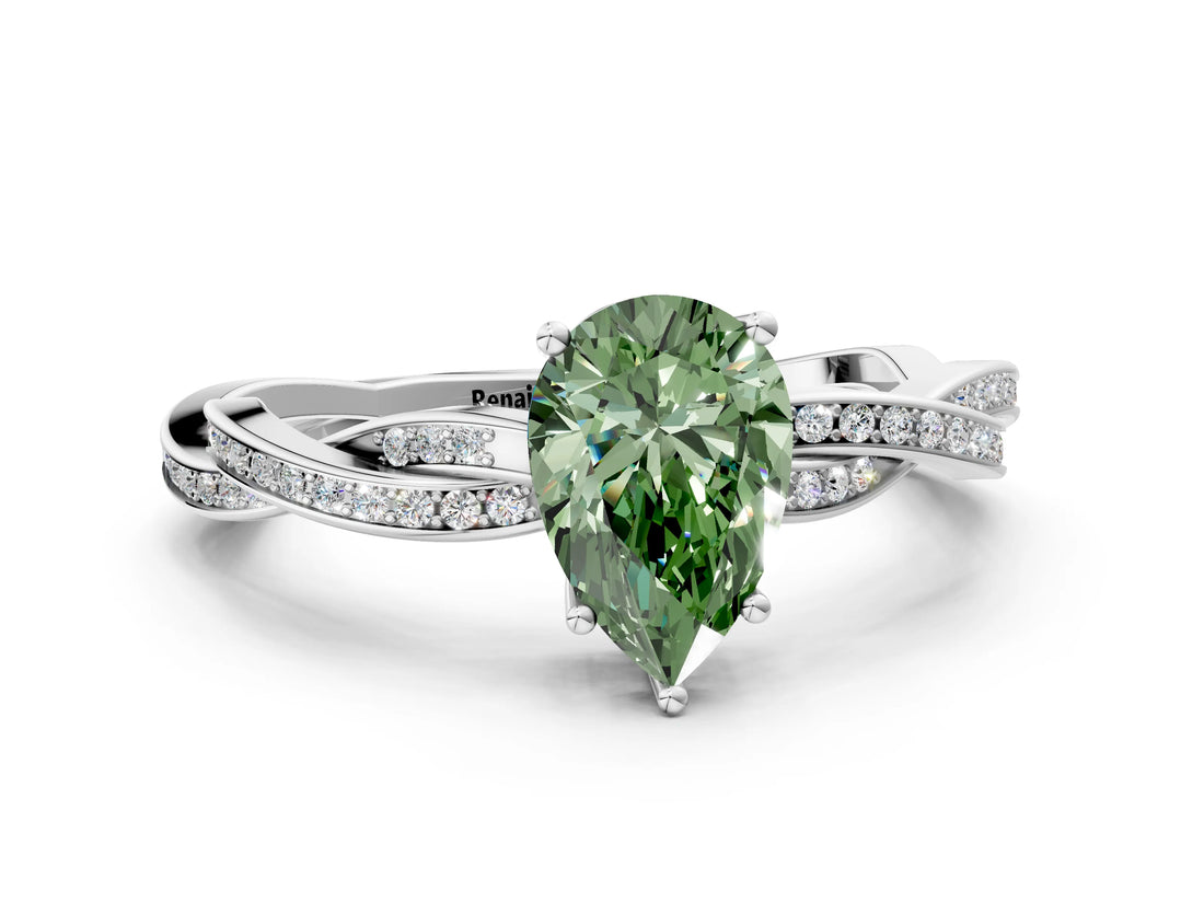 Platinum Fancy Green Pear  Solitaire Twisted Pave Diamond Ring with Four-Prong Setting