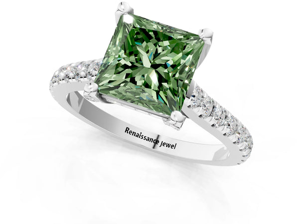 Platinum Fancy Green Princess  Brilliant Diamond Solitaire with Pavé Band and Four-Prong Setting