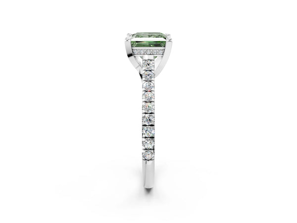 Platinum Fancy Green Princess  Brilliant Diamond Solitaire with Pavé Band and Four-Prong Setting