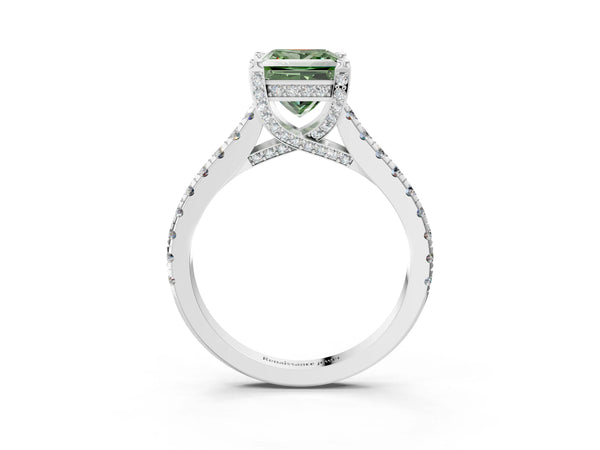 Platinum Fancy Green Princess  Brilliant Diamond Solitaire with Pavé Band and Four-Prong Setting