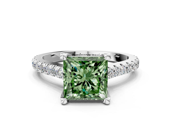 Platinum Fancy Green Princess  Brilliant Diamond Solitaire with Pavé Band and Four-Prong Setting