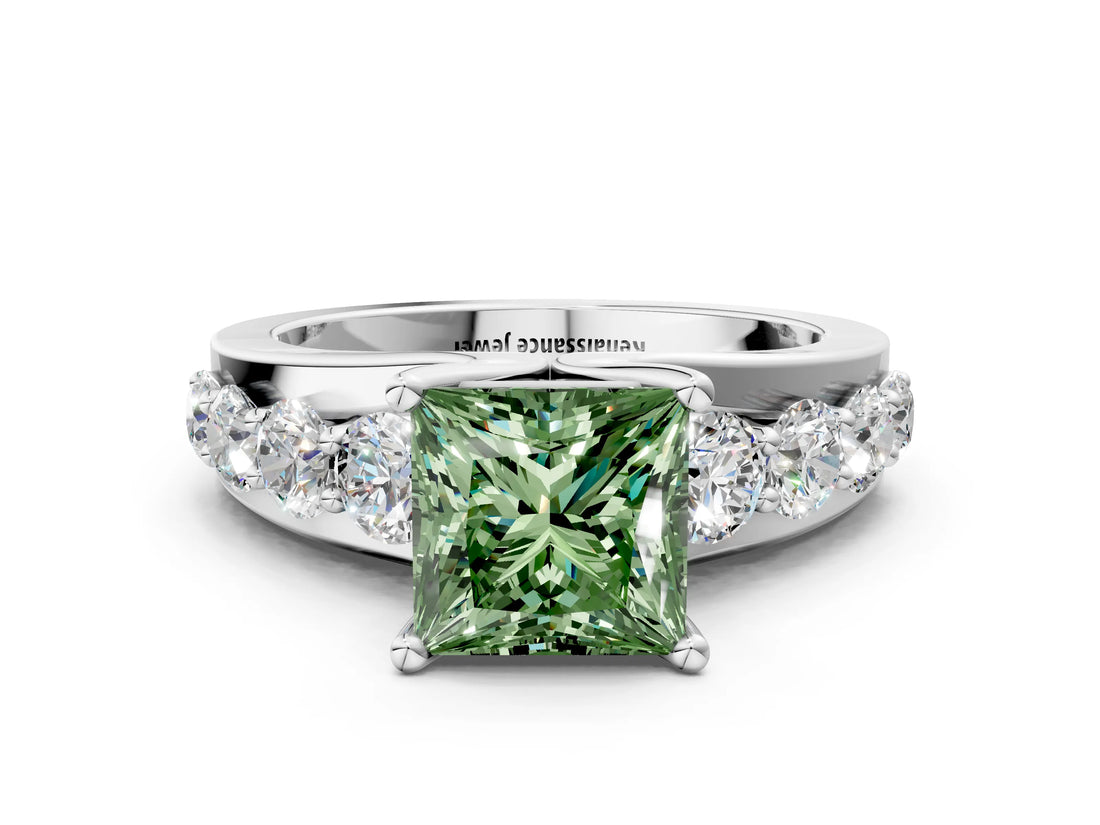 Platinum Fancy Green Princess  Brilliant Solitaire with Side Stones on a Pave Band and Four-Prong Setting_12