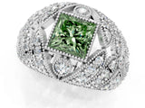 Platinum Fancy Green Princess Cut Brilliant Halo Pave Diamond Milgrain Ring_7