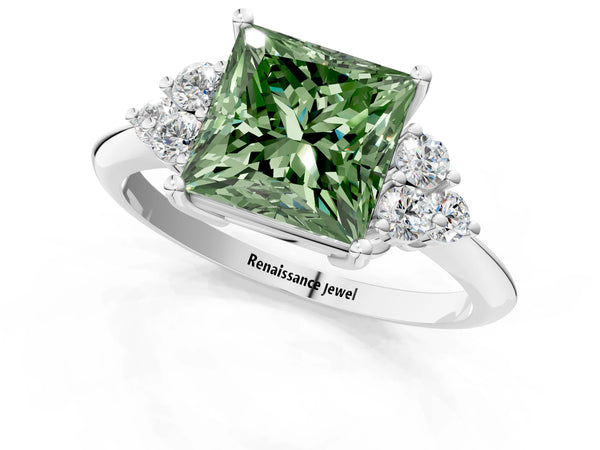 Platinum Princess Cut Cluster Accent Engagement Ring Setting for Fancy Green Center