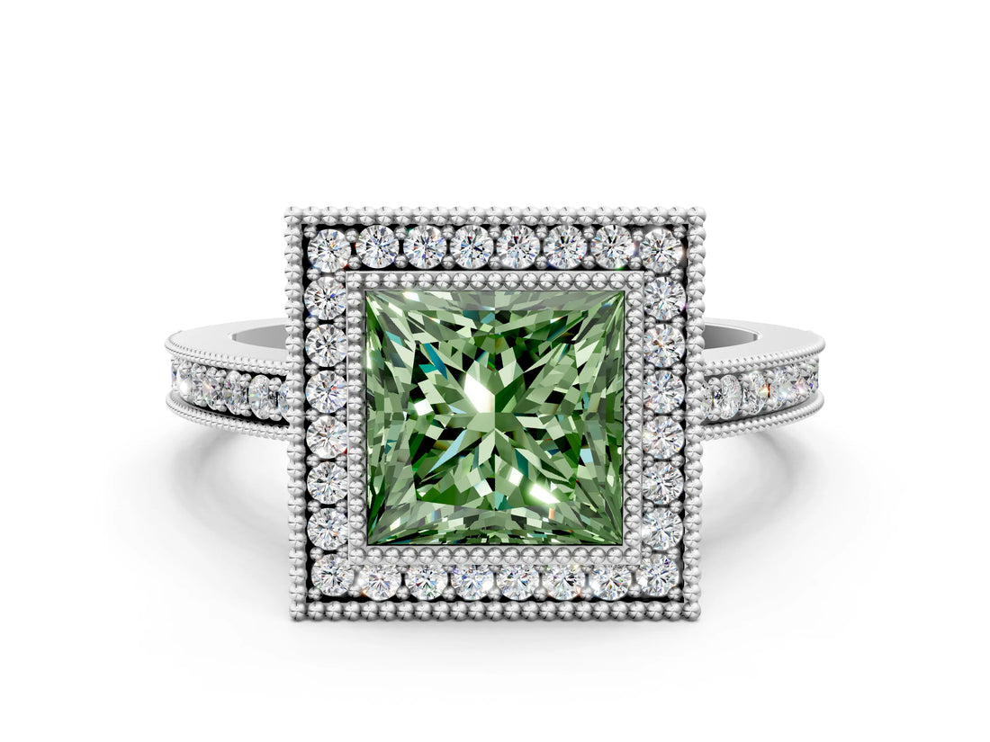 Platinum Fancy Green Princess Cut Cut Halo Pavé Diamond Ring_12