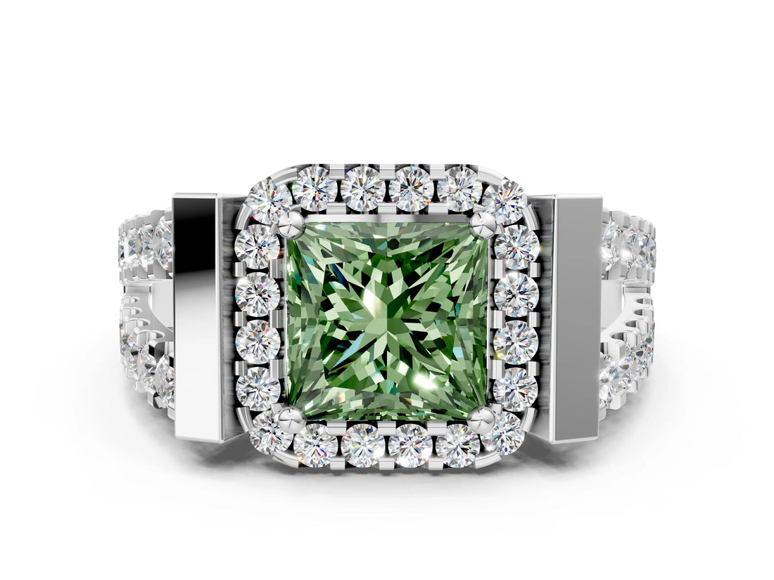 Platinum Fancy Green Princess Cut Cut Halo Split Shank Prong Set Ring_6