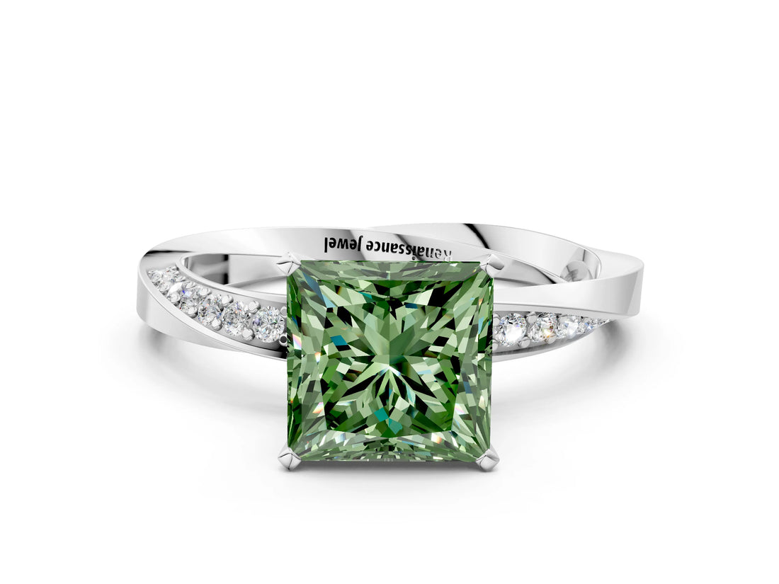 Platinum Fancy Green Princess Cut Diamond Engagement Ring with Side Stone Accents and Four-Prong Setting_12