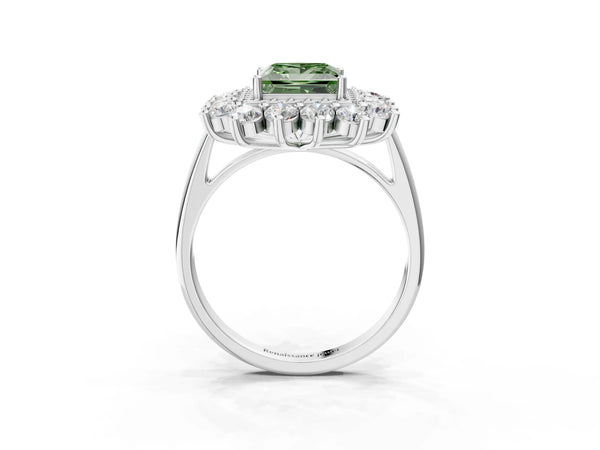 Platinum Princess Cut Floral Double Halo Engagement Ring Setting for Fancy Green Center