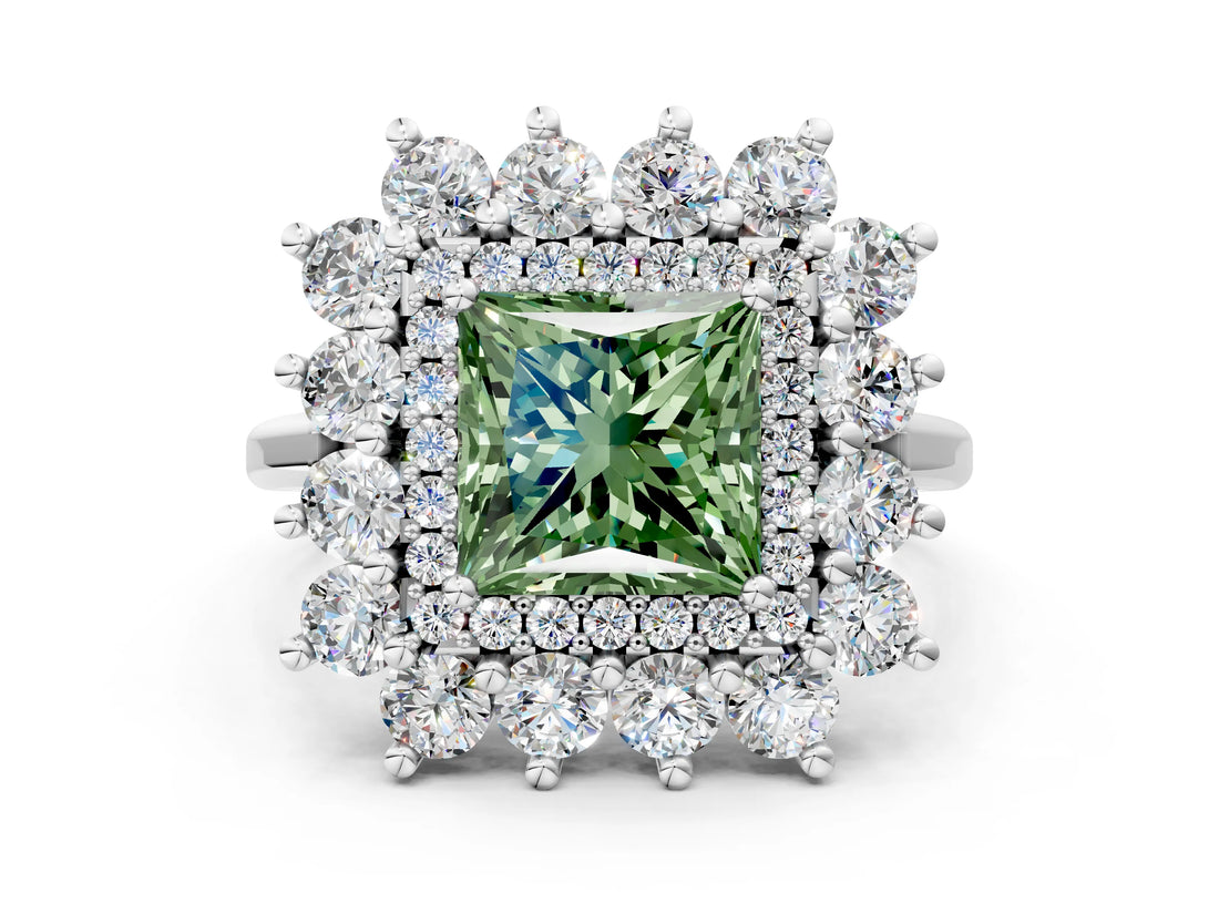 Platinum Fancy Green Princess Cut Diamond Floral Double Halo Engagement Ring with Prong Setting_42