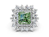 Platinum Fancy Green Princess Cut Diamond Floral Double Halo Engagement Ring with Prong Setting_42