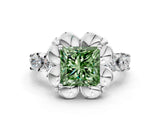 Platinum Fancy Green Princess  Cut Diamond Floral Halo Engagement Ring with Shared Prong Setting 1