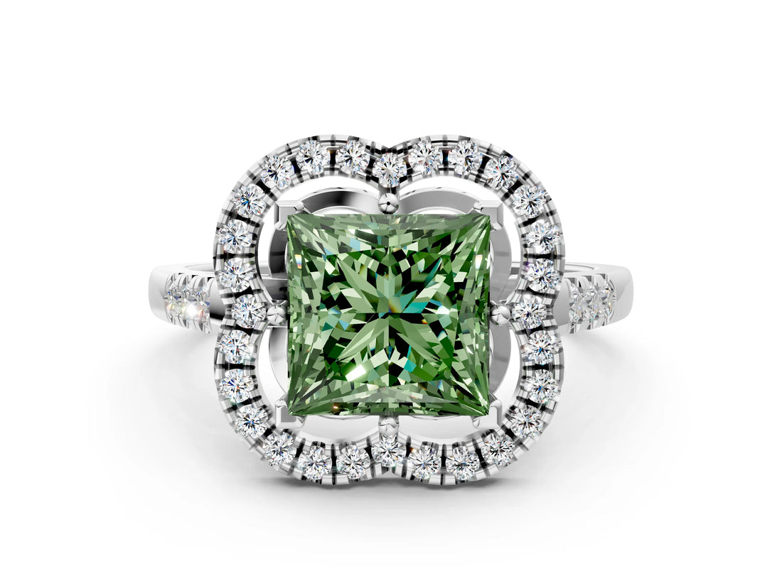 Platinum Fancy Green Princess Cut Diamond Floral Halo Split Shank Prong Setting Ring_6
