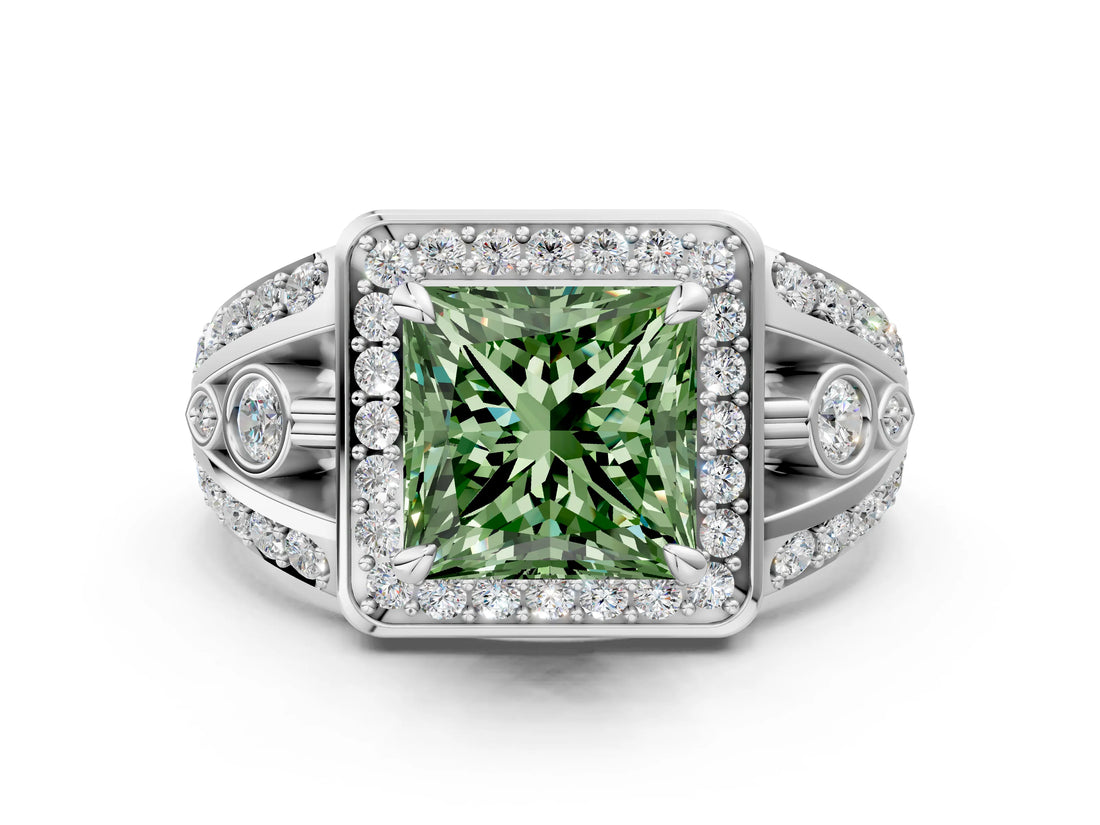 Platinum Fancy Green Princess Cut Diamond Halo Ring with Split Shank and Bezel Accents and Four-Prong Setting_6
