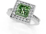 Platinum Fancy Green Princess Cut Diamond Milgrain Halo Engagement Ring with Round Pavé Band and Prong Setting_13