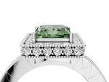 Platinum Fancy Green Princess Cut Diamond Milgrain Halo Engagement Ring with Round Pavé Band and Prong Setting_16