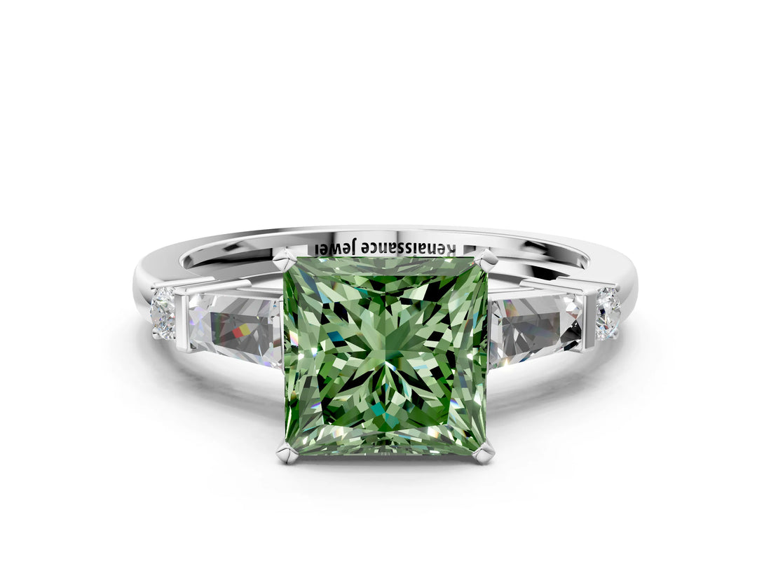 Platinum Fancy Green Princess  Cut Diamond Ring with Baguette Side Stones, Channel Set Band, and Four-Prong Setting_24