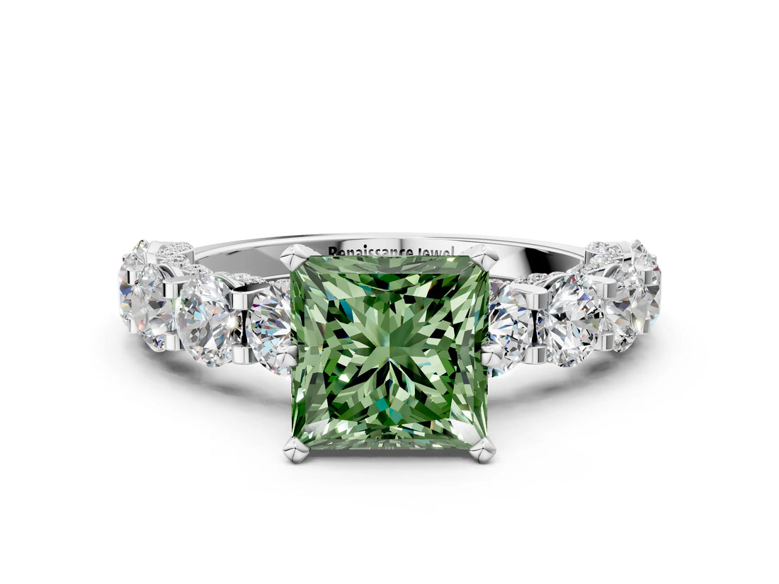 Platinum Fancy Green Princess Cut Diamond Side Stone Engagement Ring with Four-Prong Setting