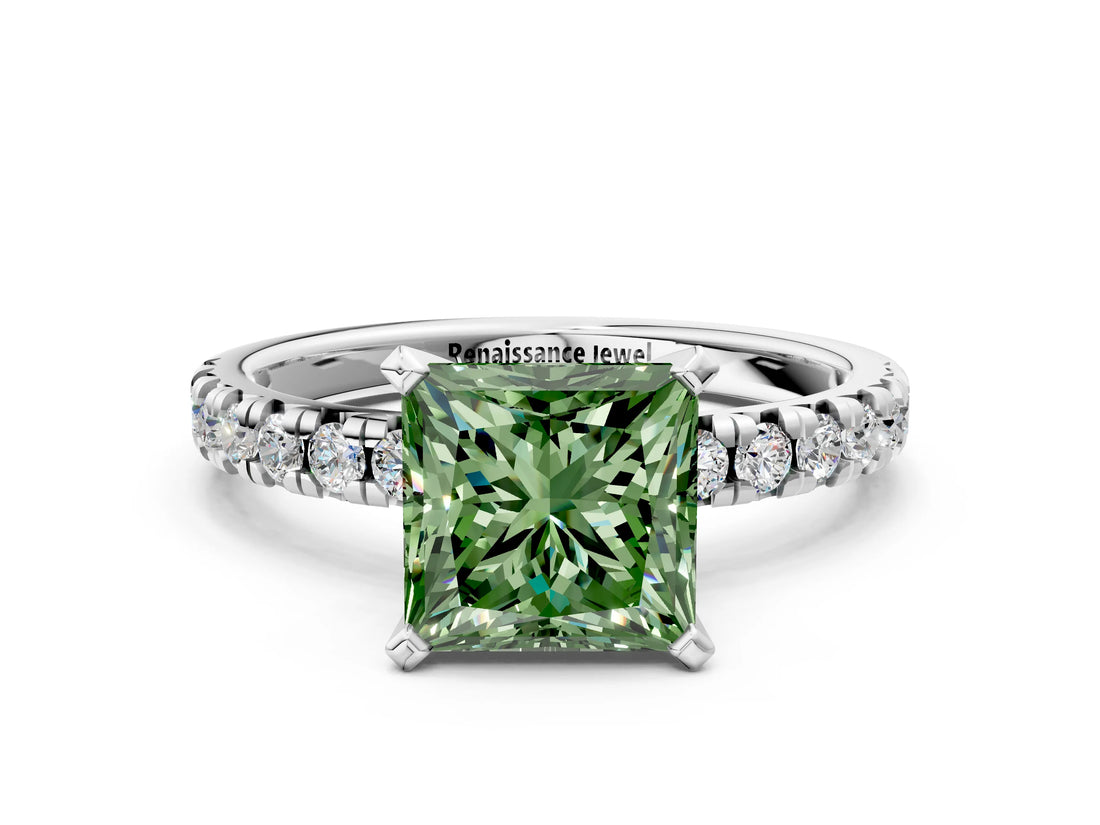 Platinum Fancy Green Princess Cut Diamond Solitaire Pavé Engagement Ring with Round Band and Prong Setting
