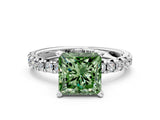 Platinum Fancy Green Princess Cut Diamond Solitaire Pavé Engagement Ring with Round Band and Prong Setting