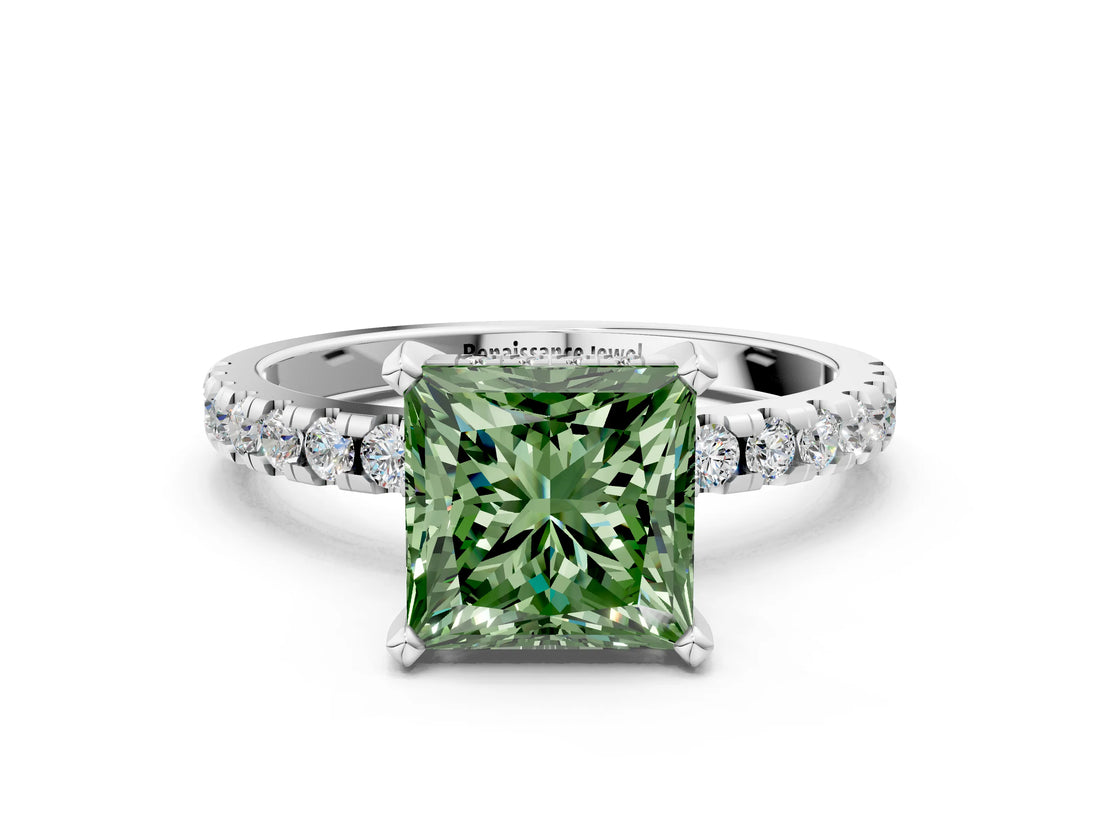 Platinum Fancy Green Princess Cut Diamond Solitaire Ring with Round  Pavé Band and Four-Prong Setting_24