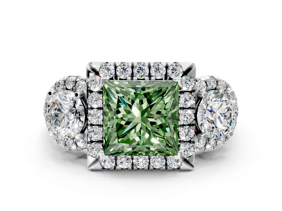 Platinum Fancy Green Princess Cut Diamond Three-Stone Halo Ring with Prong Setting and Pavé Accents_12