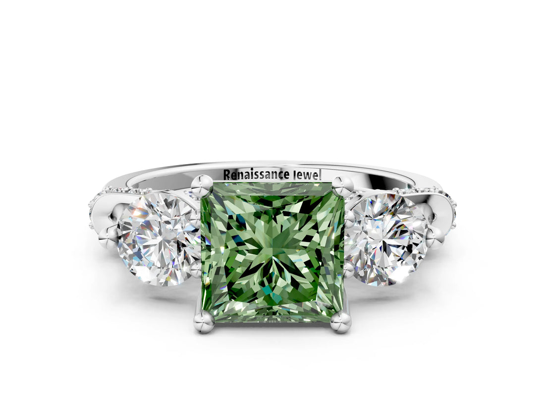 Platinum Fancy Green Princess Cut Diamond Three-Stone Ring with Prong Setting and Pavé Band_12