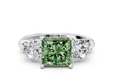 Platinum Fancy Green Princess Cut Diamond Three-Stone Ring with Prong Setting and Pavé Band_12