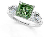 Platinum Fancy Green Princess Cut Diamond Three-Stone Ring with Prong Setting and Pavé Band_13
