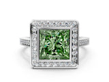 Platinum Fancy Green Princess Cut Halo Bezel Diamond Pave Band Ring_6