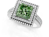 Platinum Fancy Green Princess Cut Halo Diamond Ring with Beaded Split Shank and Four-Prong Setting_7