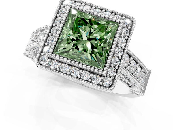 Platinum Princess Cut Vintage Bezel Halo Engagement Ring Setting for Fancy Green Center