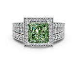 Platinum Fancy Green Princess Cut Halo Diamond Split Shank Ring with Prong Setting_12