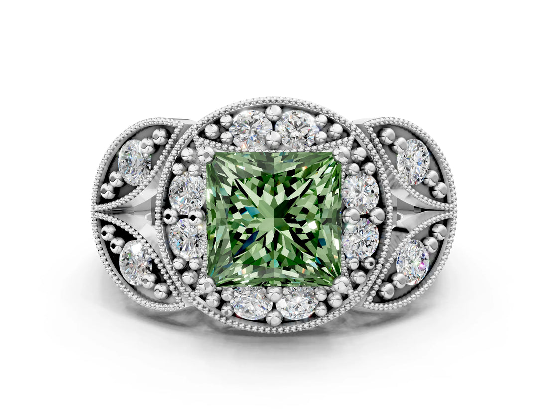 Platinum Fancy Green Princess Cut Halo Milgrain Diamond Engagement Ring with Leaf Band and Four-Prong Setting_12
