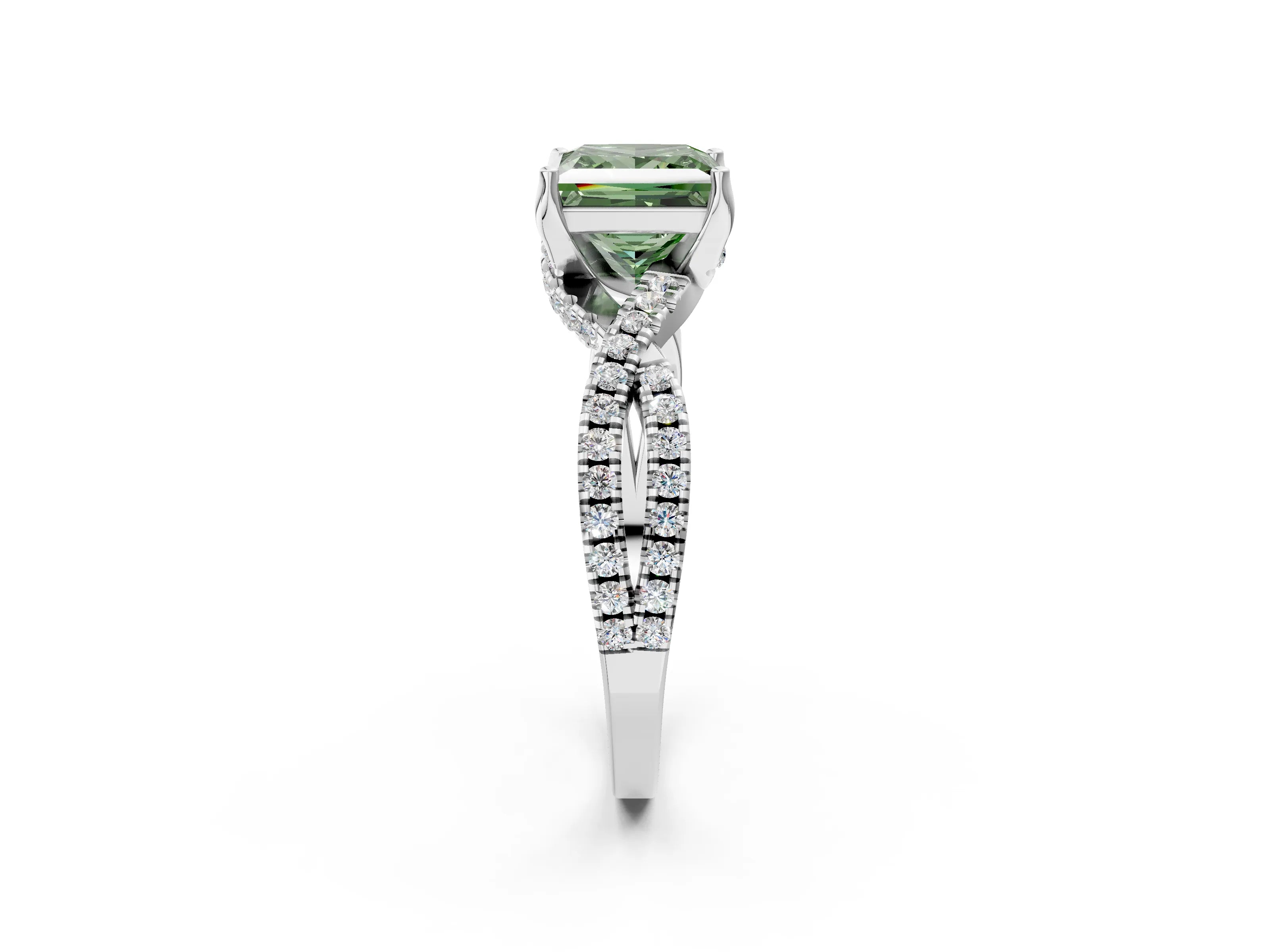Platinum Fancy Green Princess Cut Solitaire Twist Pave Diamond Engagement Ring with Prong Setting_44