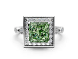 Platinum Fancy Green Princess  Halo Diamond Engagement Ring with Twisted Band and Four-Prong Setting