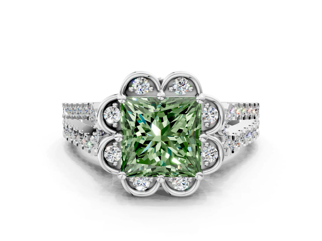 Platinum Fancy Green Princess  Halo Diamond Floral Split Shank Engagement Ring
