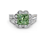 Platinum Fancy Green Princess  Halo Diamond Floral Split Shank Engagement Ring
