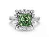 Platinum Fancy Green Princess  Halo Milgrain Pave Diamond Ring with Four-Prong Setting 1