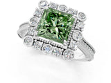 Platinum Fancy Green Princess  Halo Milgrain Pave Diamond Ring with Four-Prong Setting 2