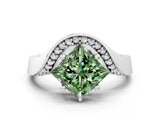 Platinum Fancy Green Princess  Solitaire Diamond Engagement Ring with Pave Band and Four-Prong Setting 1