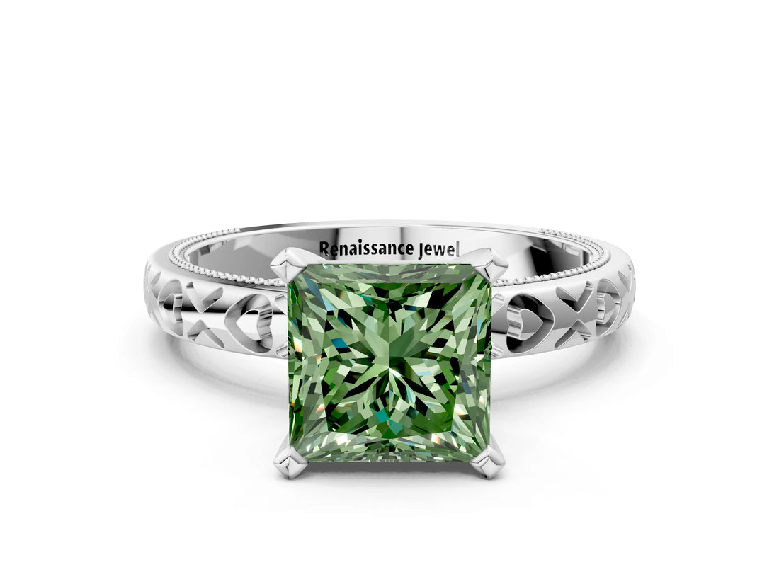 Platinum Fancy Green Princess  Solitaire Diamond Engagement Ring with XO Engraved Band and Four-Prong Setting 1