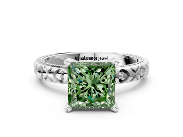 Platinum Fancy Green Princess  Solitaire Diamond Engagement Ring with XO Engraved Band and Four-Prong Setting