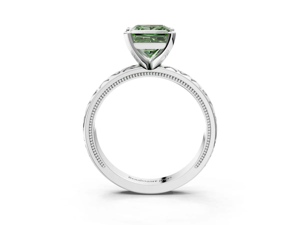 Platinum Fancy Green Princess  Solitaire Diamond Engagement Ring with XO Engraved Band and Four-Prong Setting